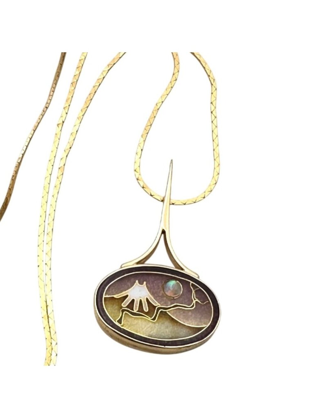 Magick Fusager Demski 14K Gold Enamel Opal Pendant Necklace Estate Jewelry